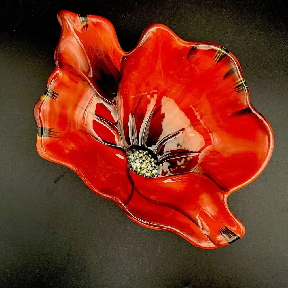 Vintage Clay Art Poppies Red Flower Shaped Ceramic Serving Bowl Dish 10.5”